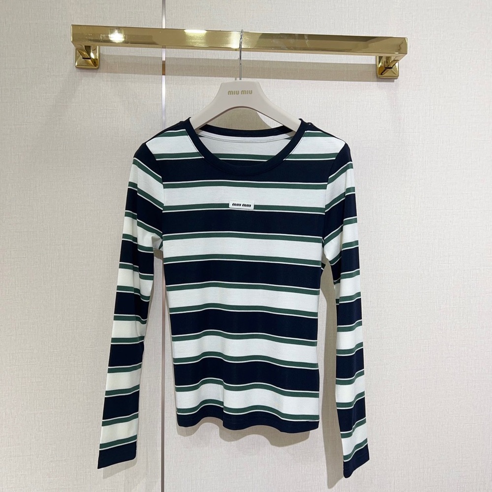Miu Miu Navy & White Striped Long-Sleeve Tee